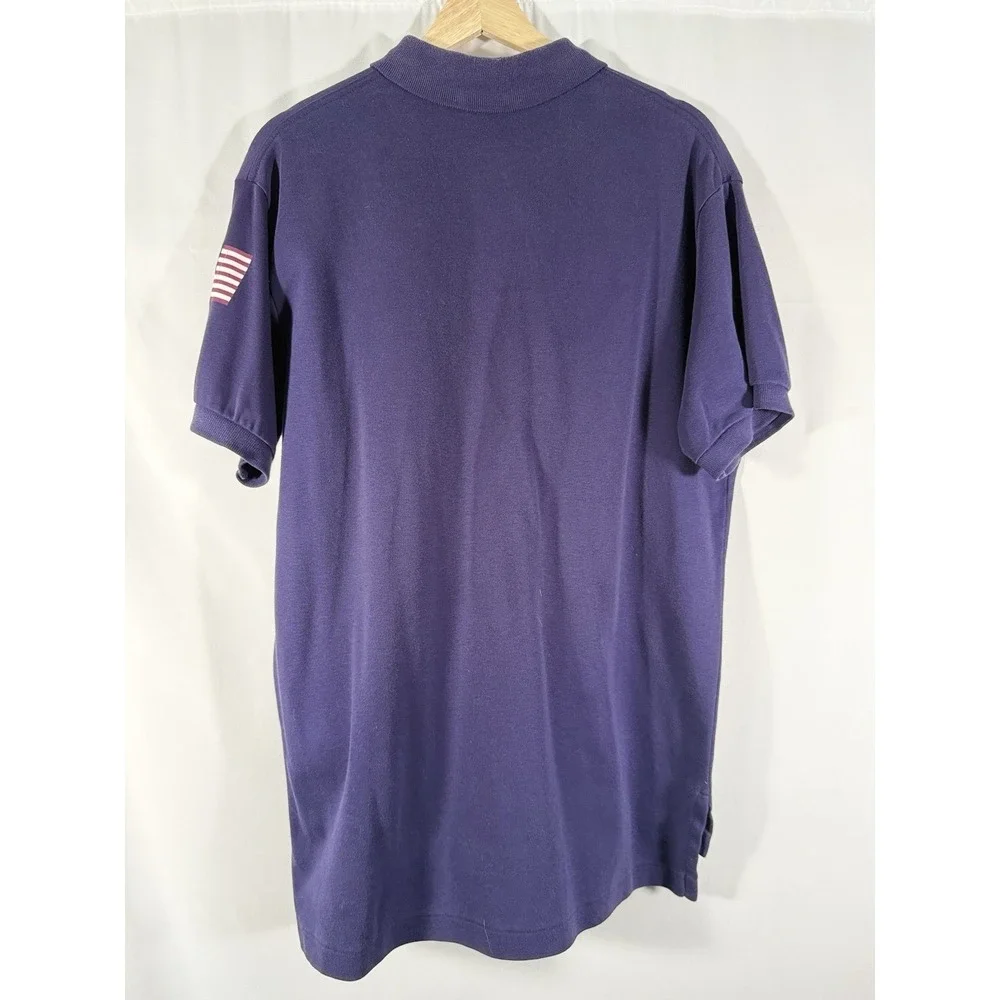 POLO Ralph Lauren Golf‎ Shirt Navy Blue w/ White Placket Flag Print on Arm Men L
